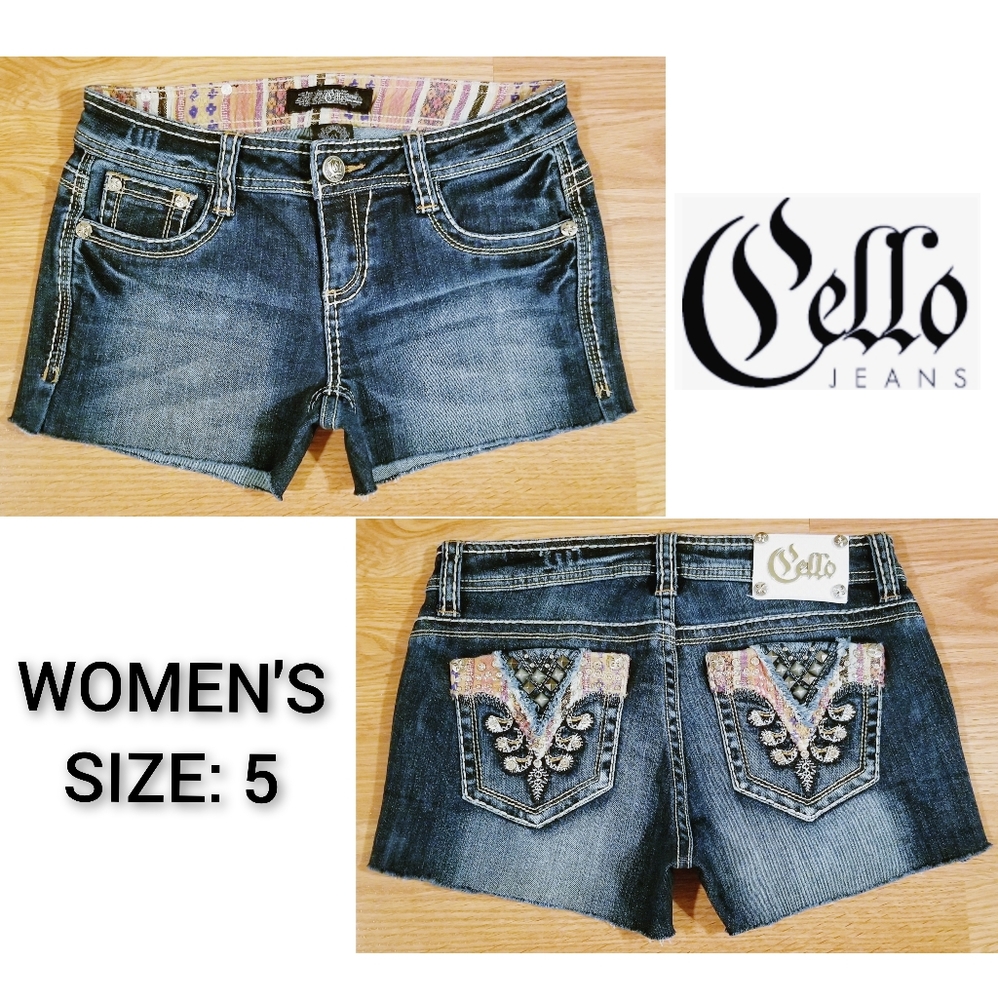 CELLO Cutoff/Embellished Denim Shorts